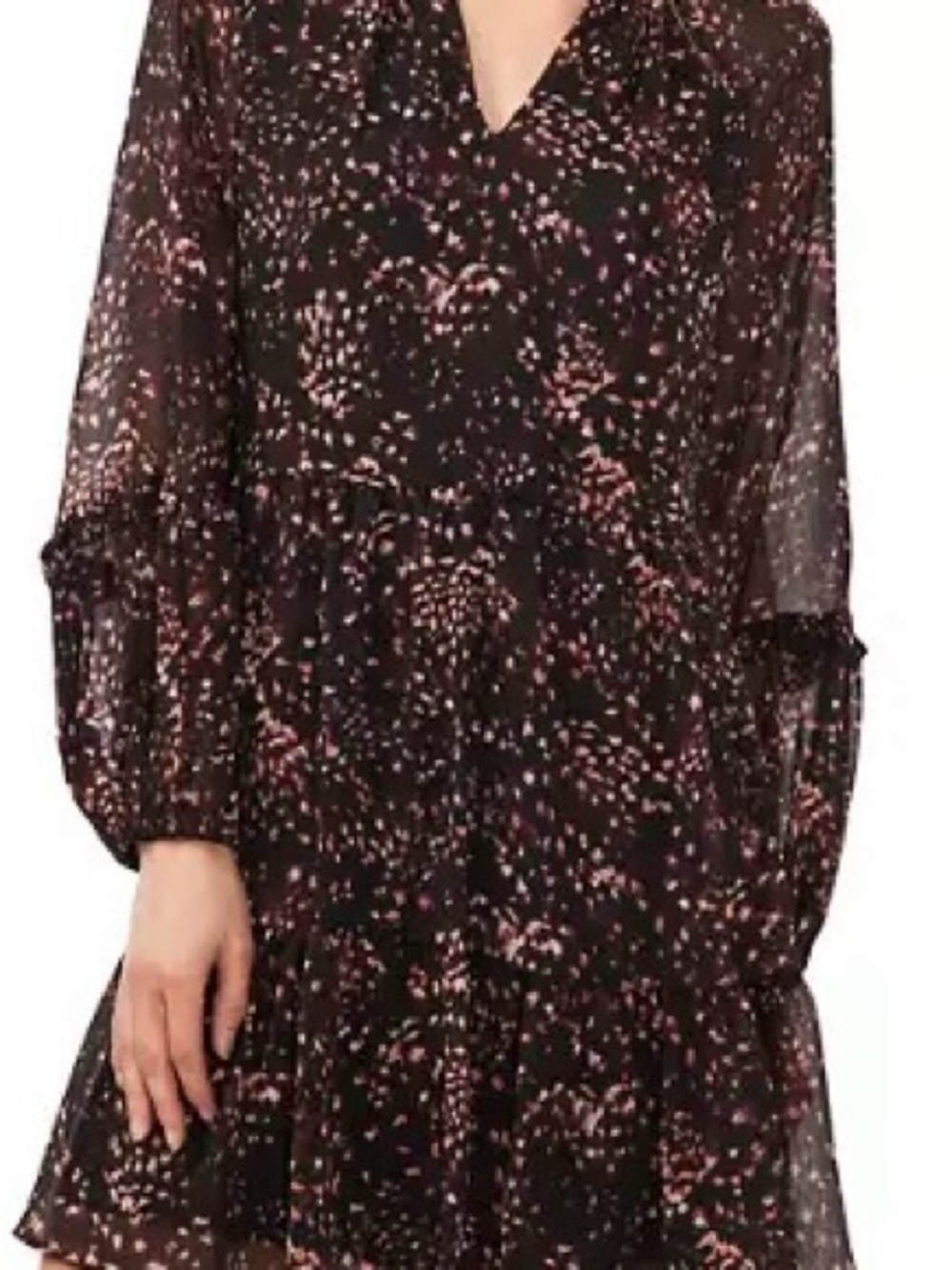 CeCe Black Dress with Pink Dotted Floral Print, Long Sleeve